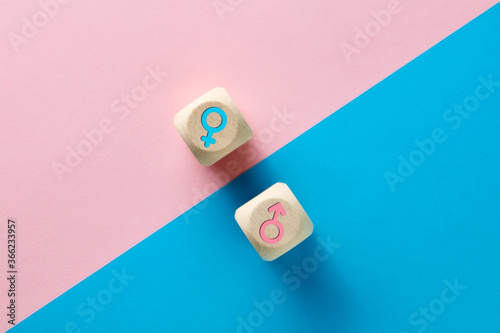 Male and female sex icons on wooden cubes on pink and blue background. Sex change, gender reassignment, transgender and sexual identity concept. photo