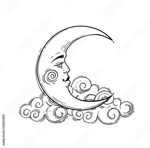 Magic crescent moon with face, line drawing isolated on white background. Astrological and esoteric design element. Stock illustration, engraving stylization