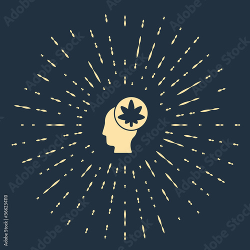 Beige Male head in profile with marijuana or cannabis leaf icon isolated on blue background. Marijuana legalization. Hemp symbol. Abstract circle random dots. Vector Illustration.