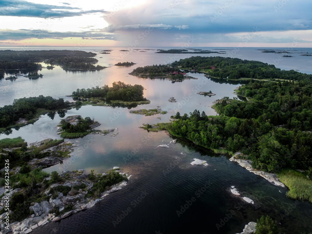 Sunset at Stockholm archipelago. Air photo