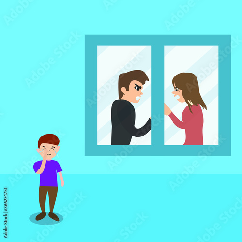 Broken home vector concept: boy crying outside the window because of his parents arguing