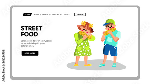 Street Food Sweet Corn Eating Children Vector