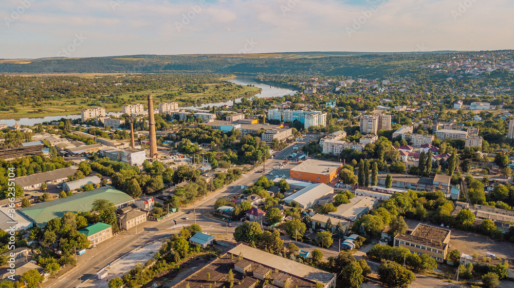 Fototapeta premium Aerial view shot 4k high resolution of the city Soroca in the northern part of Republic of Moldova