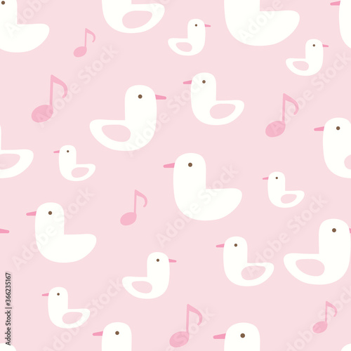 Cute white ducks seamless pattern design with music notes on pink background. Perfect for fabric, textile, kids fashion. Surface pattern design.