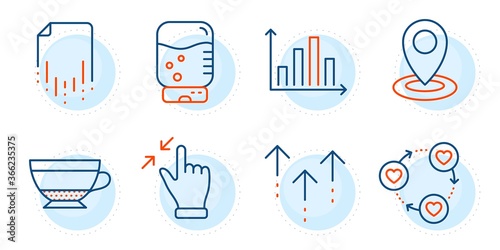 Dry cappuccino, Swipe up and Location signs. Diagram graph, Water cooler and Friends community line icons set. Recovery file, Touchscreen gesture symbols. Presentation chart, Office drink. Vector