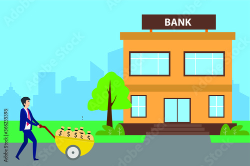 Banking vector concept: businessman pushing his wheelbarrow full of money bags to the bank