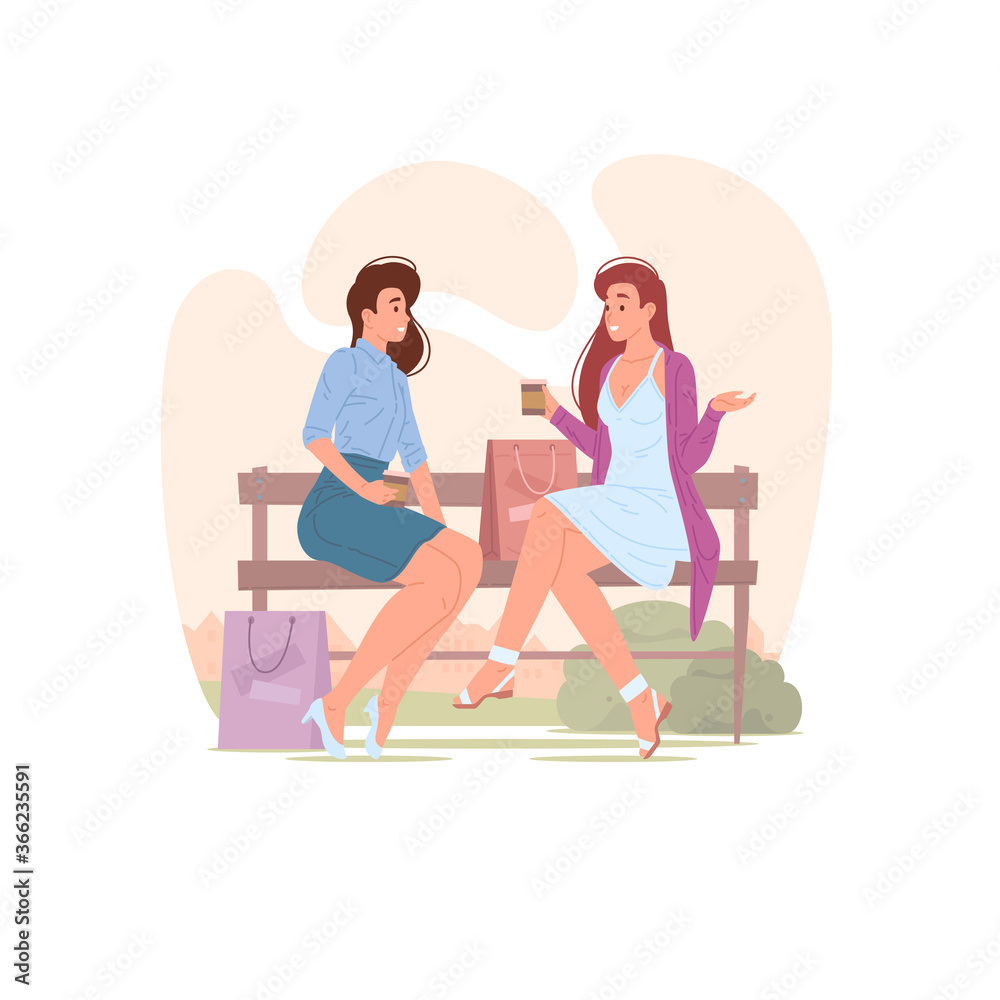 Female friends chatting on bench after shopping Female friends chatting on bench after shopping
