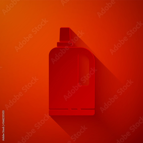 Paper cut Fabric softener icon isolated on red background. Liquid laundry detergent, conditioner, cleaning agent, bleach. Paper art style. Vector Illustration.