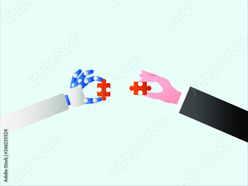 RPA vector concept: human and robot working together  assembling two jigsaw puzzle pieces