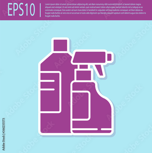 Retro purple Plastic bottles for laundry detergent, bleach, dishwashing liquid or another cleaning agent icon isolated on turquoise background. Vector Illustration.