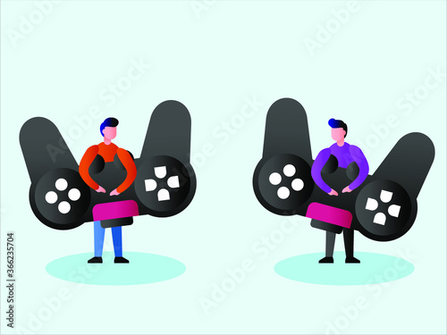 Video game addiction  vector concept: Young men lifting big joysticks facing  each other