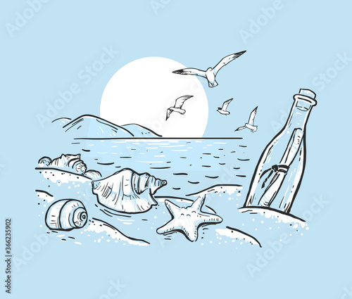 Sketch beach with seashells, sea star and message in the bottle. Marine romantic background in blue, black and white colors. Hand drawn vector illustration