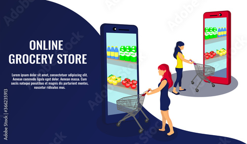 Girl with a grocery trolley entering the phone for groceries. Grocery store, supermarket, food delivery, online shopping concept. Vector illustration. 