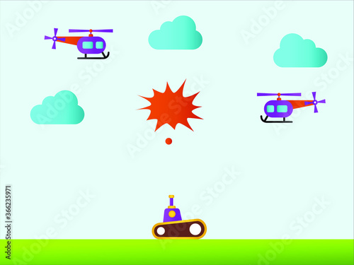 Arcade shooting game vector concept: tank firing at the attacking helicopters game