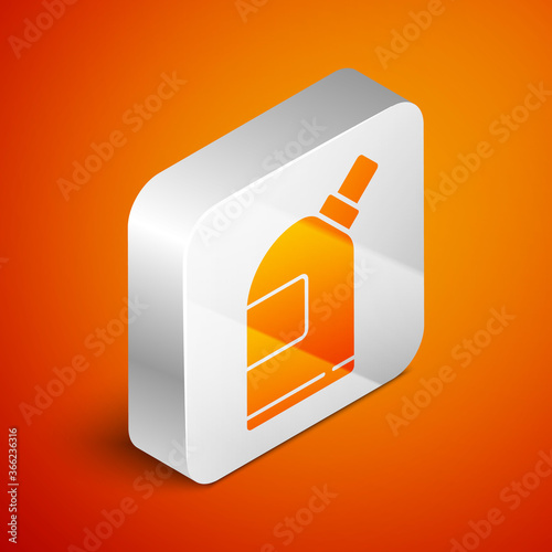 Isometric Plastic bottles for laundry detergent, bleach, dishwashing liquid or another cleaning agent icon isolated on orange background. Silver square button. Vector Illustration.