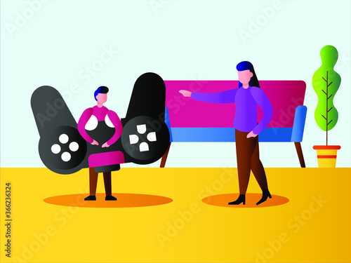 Video game addiction vector concept: woman scolding his son while he is lifting big joystick