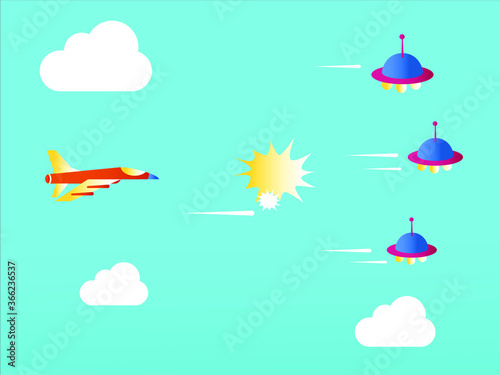 Game vector concept: airplane firing at the flying discs