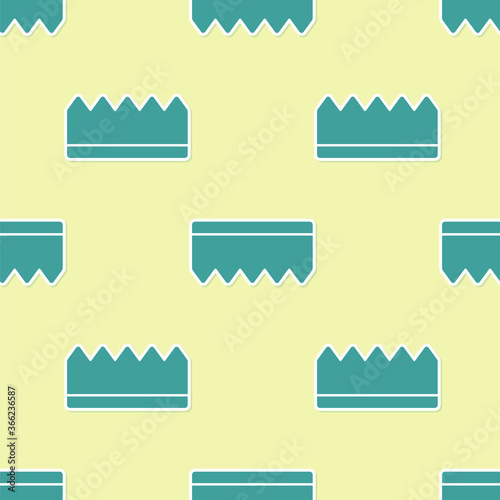 Green Sponge with bubbles icon isolated seamless pattern on yellow background. Wisp of bast for washing dishes. Cleaning service logo. Vector Illustration.