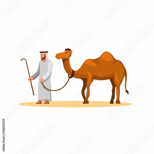 arabian man walk with camel in dessert, animal pet in east asia in cartoon illustrtion vector on white background