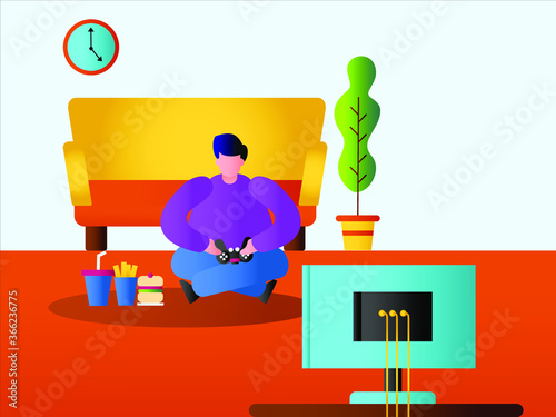 Game addiction bad habit vector concept: Overweight man eating junk food  while playing video games in his living room