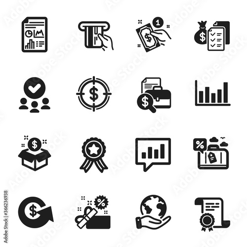Set of Finance icons, such as Sale, Column chart. Certificate, approved group, save planet. Dollar exchange, Post package, Dollar target. Travel loan, Credit card, Accounting wealth. Vector