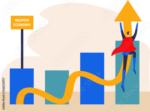 Business new normal vector concept: superhero lifting up the elastic business chart arrow