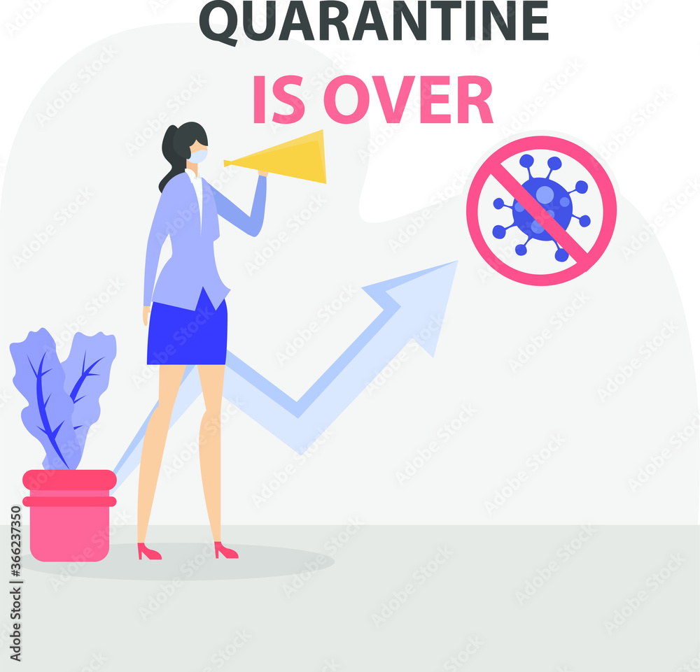 Business new normal vector concept: businesswoman shouting the end of quarantine near the business chart arrow Business new normal vector concept: businesswoman shouting the end of quarantine near the business chart arrow
