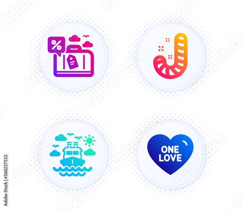Travel loan, Ship travel and Candy icons simple set. Button with halftone dots. One love sign. Trip discount, Cruise transport, Lollypop. Sweet heart. Holidays set. Vector