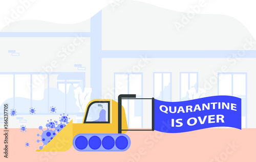 New normal life vector concept: man pushing the coronavirus debris away from the streets with bulldozer