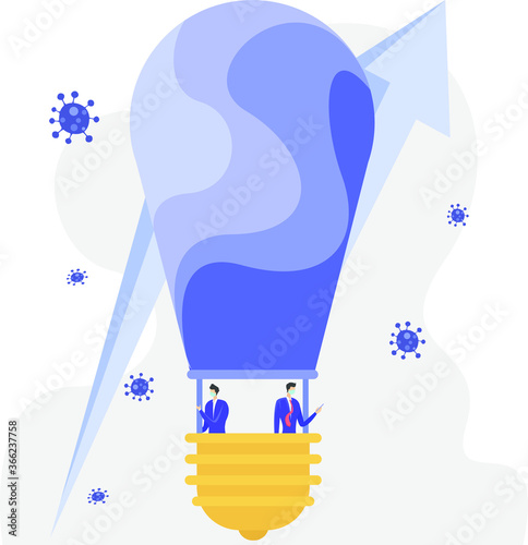 Business idea vector concept: Businessmen finds new business idea during the pandemic flying with a light bulb balloon