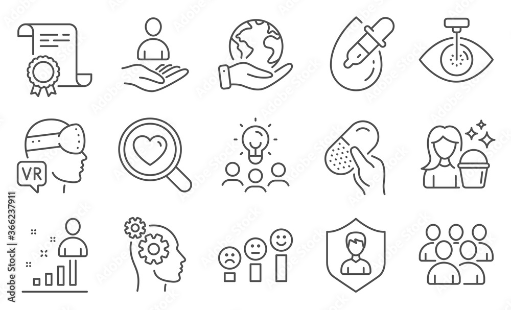 Set of People icons, such as Thoughts, Eye drops. Diploma, ideas, save planet. Capsule pill, Eye laser, Augmented reality. Customer satisfaction, Stats, Security agency. Vector