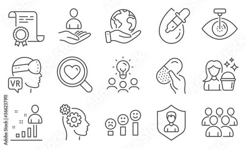 Set of People icons, such as Thoughts, Eye drops. Diploma, ideas, save planet. Capsule pill, Eye laser, Augmented reality. Customer satisfaction, Stats, Security agency. Vector