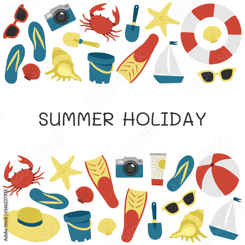 Summer holiday. Print with beach elements. Vector illustration.