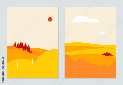 Minimalist landscape poster design, small forest on small hills in warm tone