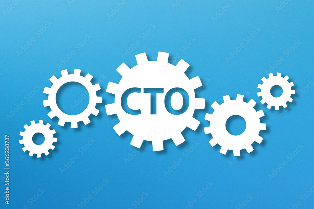 Chief Technology Officer, CTO concept with white gears on blue background Chief Technology Officer, CTO concept with white gears on blue background