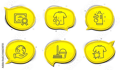 Bucket with mop sign. Diploma certificate, save planet chat bubbles. Clean bubbles, Dirty t-shirt and Wash t-shirt line icons set. Laundry shampoo, Laundry shirt, Cleaner equipment. Vector