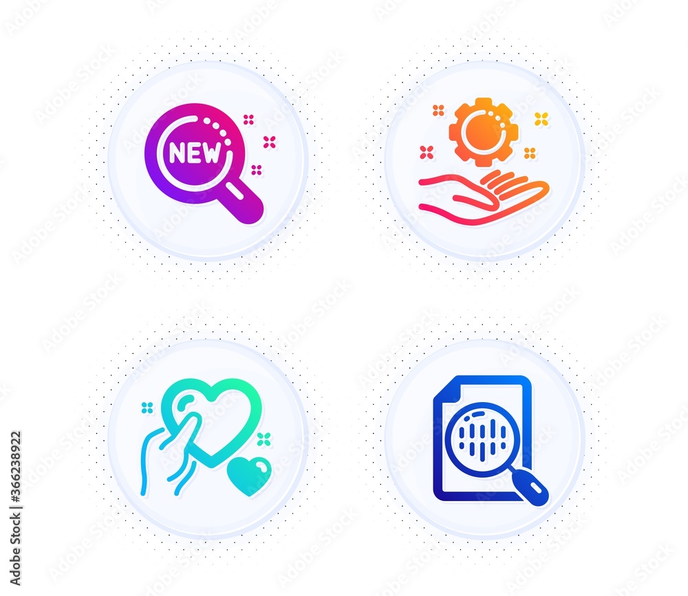 Hold heart, Employee hand and New products icons simple set. Button with halftone dots. Analytics chart sign. Care love, Work gear, Search. Report analysis. Business set. Vector