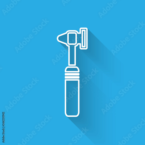 White line Medical otoscope tool icon isolated with long shadow. Medical instrument. Vector Illustration.