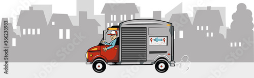 Young man driving a truck and delivering packages all over the city.