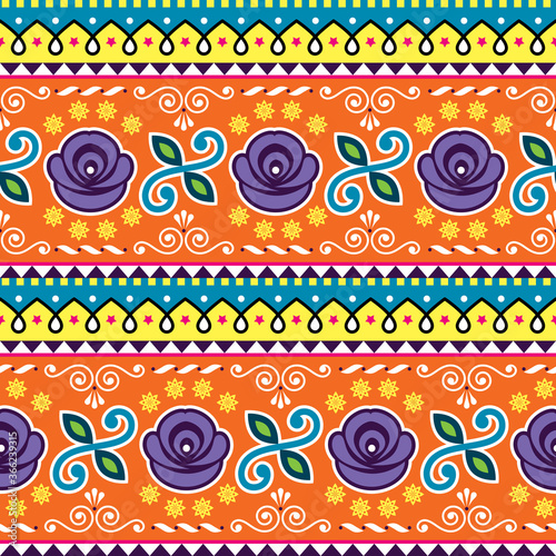 Pakistani or Indian jingle truck seamless vector pattern, colorful repetitive ornament with flowers 

