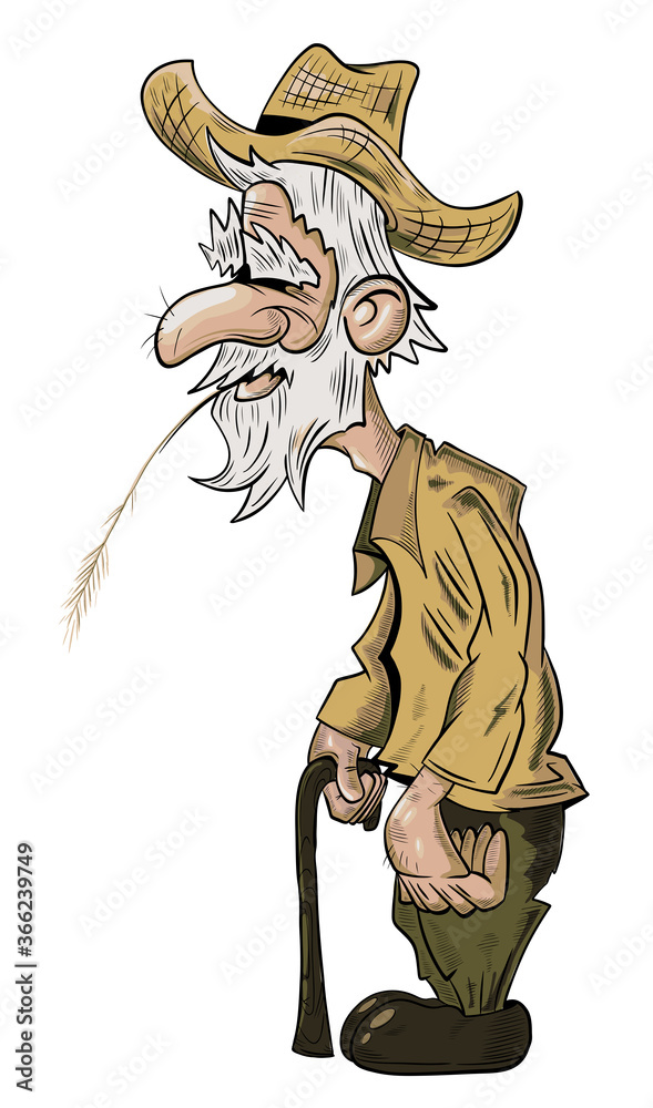 Funny illustration of old grandfather with a stick and a straw in mouth over white background.