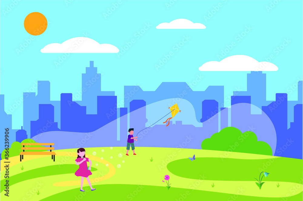 Childhood vector concept: couple of children playing at the park while blowing bubbles and playing a kite
