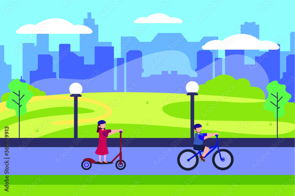 Cycling vector concept: Children having fun in city park riding bicycle and scooter