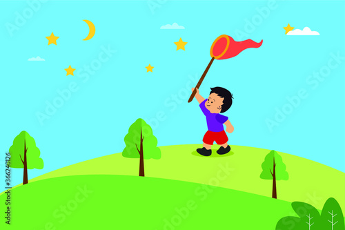 Children vector concept  boy playing with a nest catching the stars in the sky