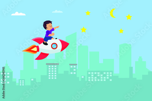 Children vector concept: boy flying with a rocket over city buildings with moon and stars