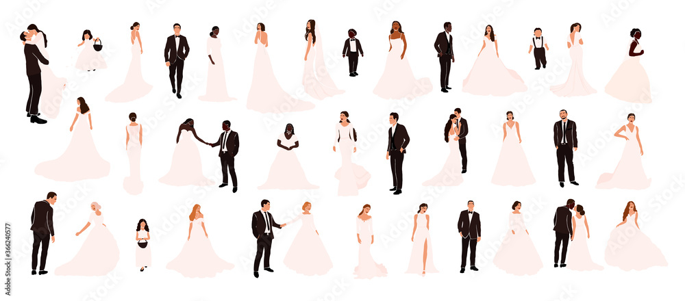 Fototapeta premium Collection of abstract wedding couple grooms and brides in various pose isolated. Multiracial african american european fiancee bridegroom marriage people vector illustration in cartoon flat style