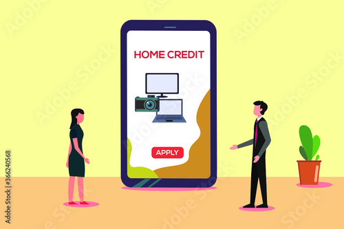 Loan credit online vector concept: female and male in front of a mobile phone borrowing money online