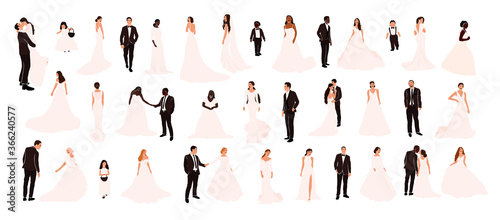 Collection of abstract wedding couple grooms and brides in various pose isolated. Multiracial african american european fiancee bridegroom marriage people vector illustration in cartoon flat style