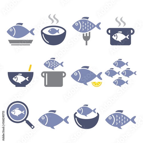 Fish meals icons - soup, chowder, goulash, fried fish color design set
