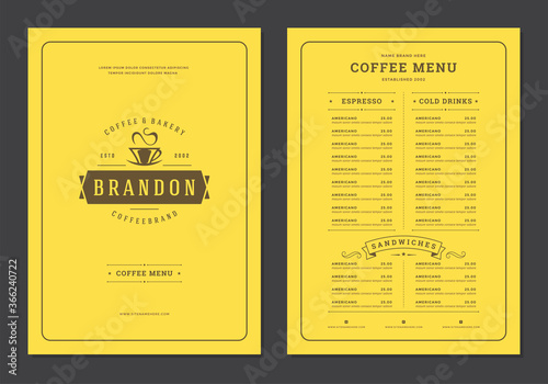 Coffee menu template design flyer for cafe with coffee shop logo cup symbol and retro typographic decoration elements.